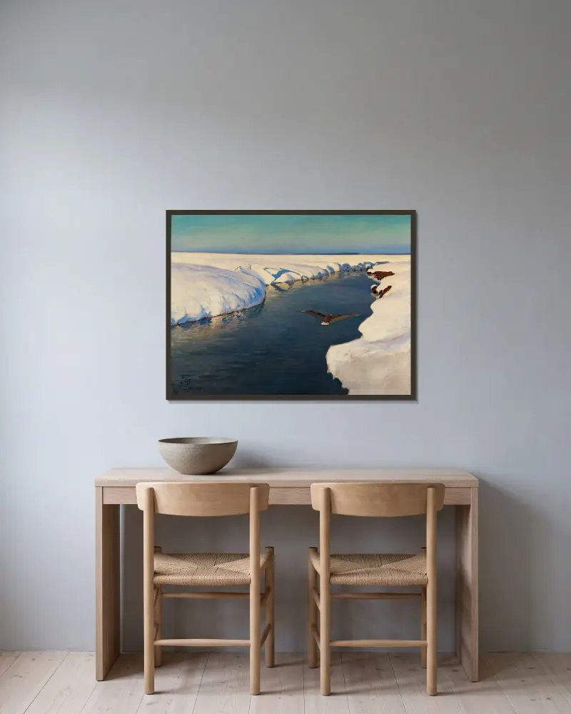 Vinterlandskap med flod och en fågel av Julian Falat inramad på en vägg