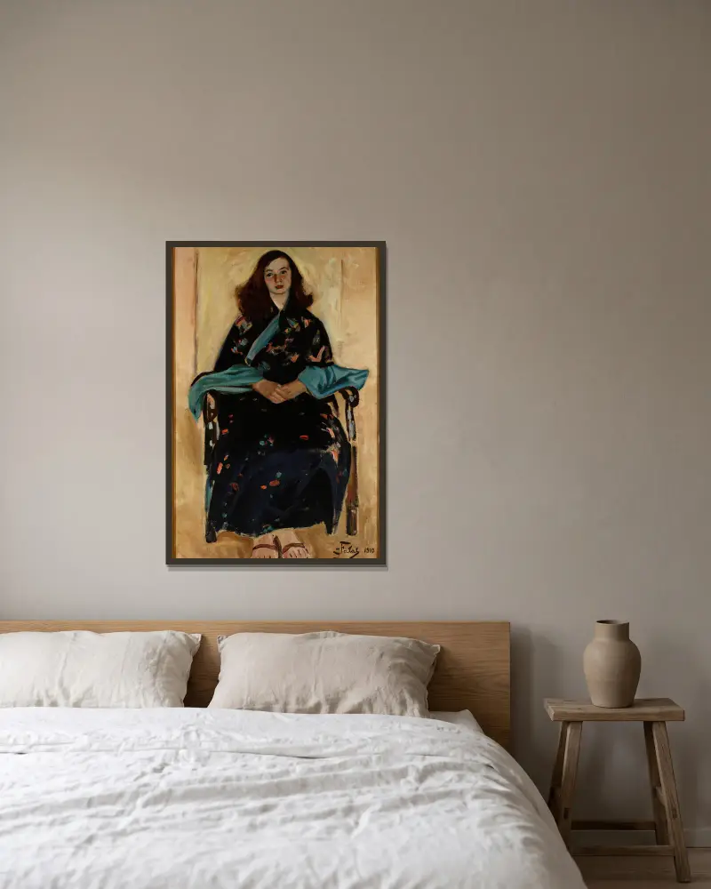 Kvinna i kimono av Julian Falat inramad på en vägg