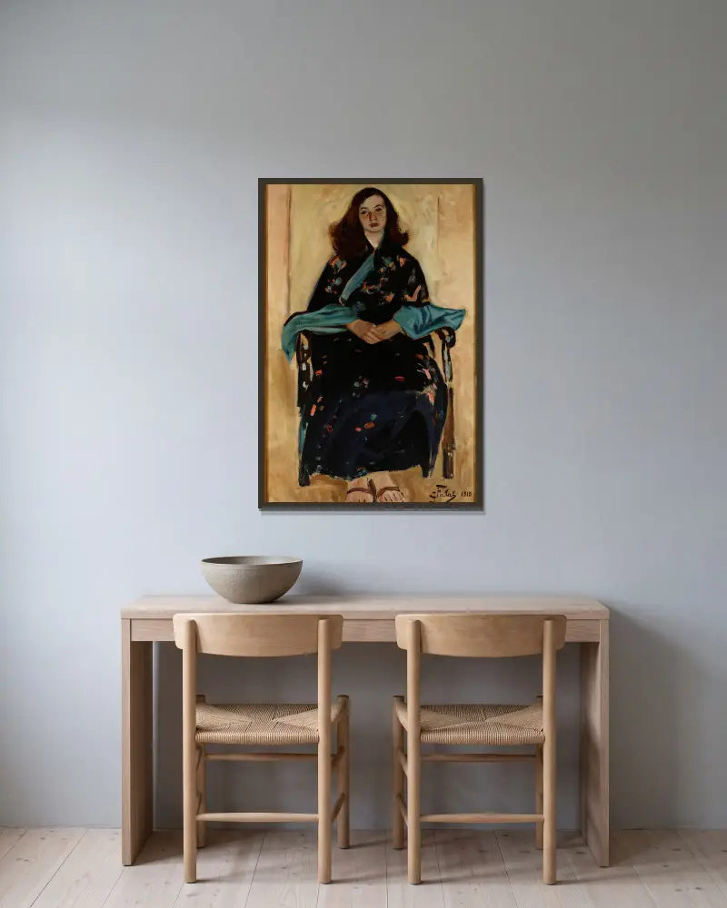 Kvinna i kimono av Julian Falat inramad på en vägg