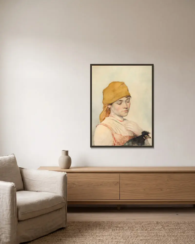 Frau mit Henne von Julian Falat gerahmt an einer Wand