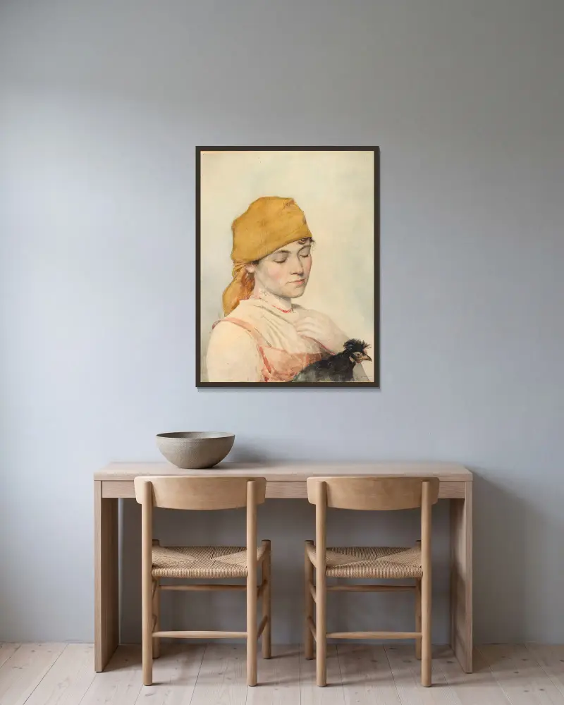 Frau mit Henne von Julian Falat gerahmt an einer Wand