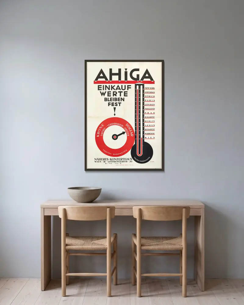 AHIGA Einkauf Werte bleiben fest! von Julius Klinger gerahmt an einer Wand