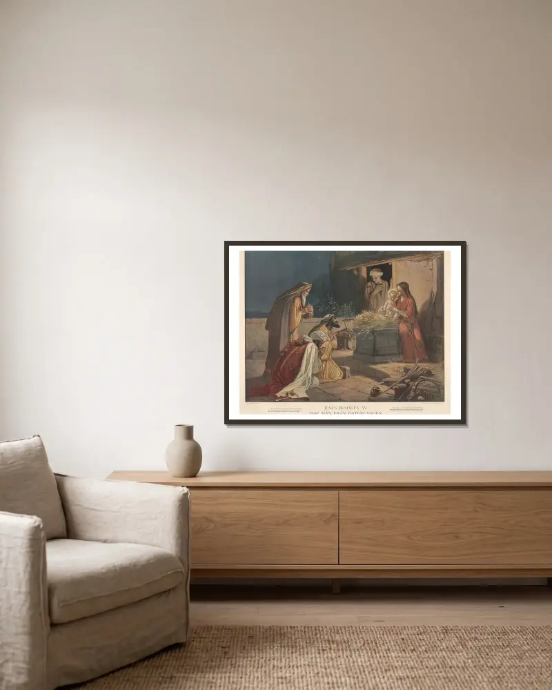 Jesus wird von den Weisen aus dem Morgenland besucht von Julius Kronberg gerahmt an einer Wand