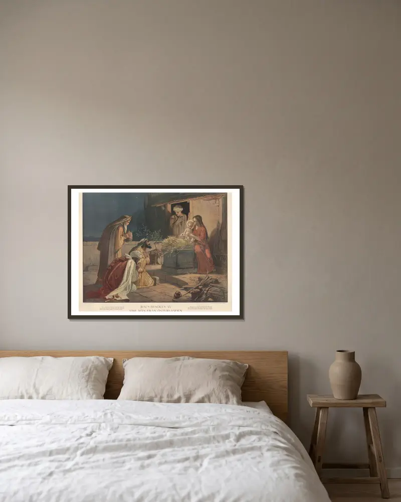 Jesus wird von den Weisen aus dem Morgenland besucht von Julius Kronberg gerahmt an einer Wand