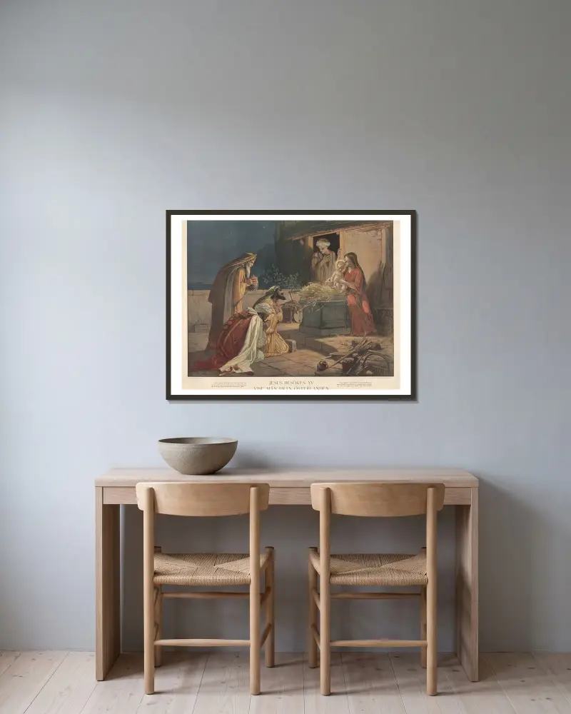 Jesus wird von den Weisen aus dem Morgenland besucht von Julius Kronberg gerahmt an einer Wand