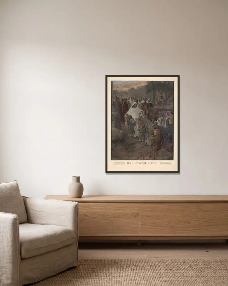 Jesus segnet die Kinder von Julius Kronberg gerahmt an einer Wand