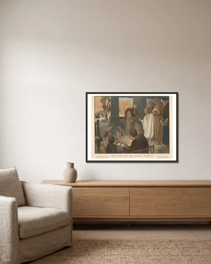Jesus im Tempel mit zwölf Jahren von Julius Kronberg gerahmt an einer Wand