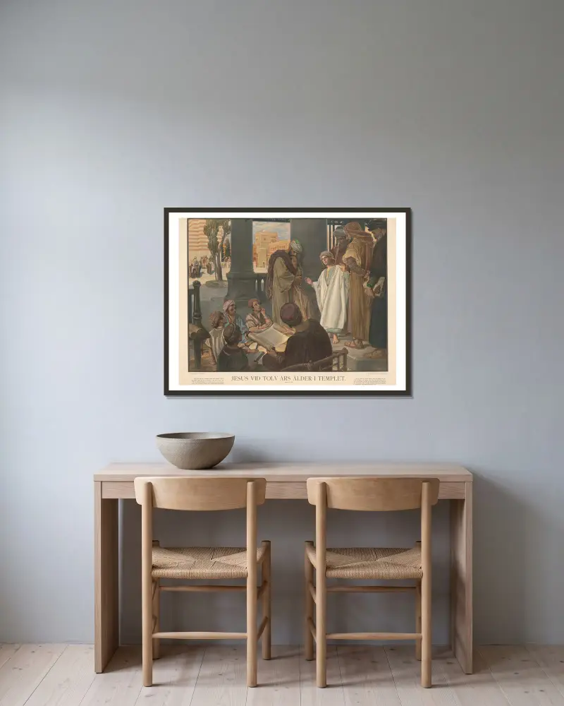 Jesus im Tempel mit zwölf Jahren von Julius Kronberg gerahmt an einer Wand