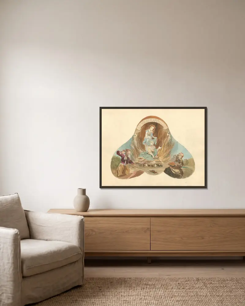 Ängel och två putti som håller Kristi lidandes emblem, 1912 – nr 2 av Juliusz Makarewicz inramad på en vägg