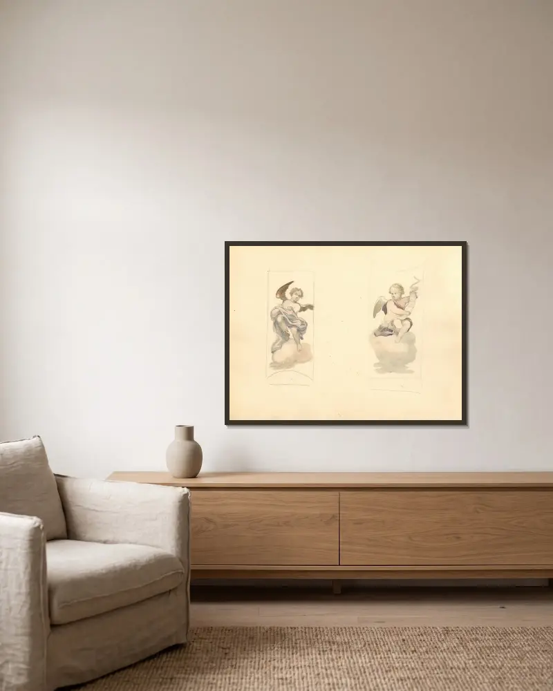 Två putti som håller Kristi lidandes emblem, 1912 – nr 2 av Juliusz Makarewicz inramad på en vägg