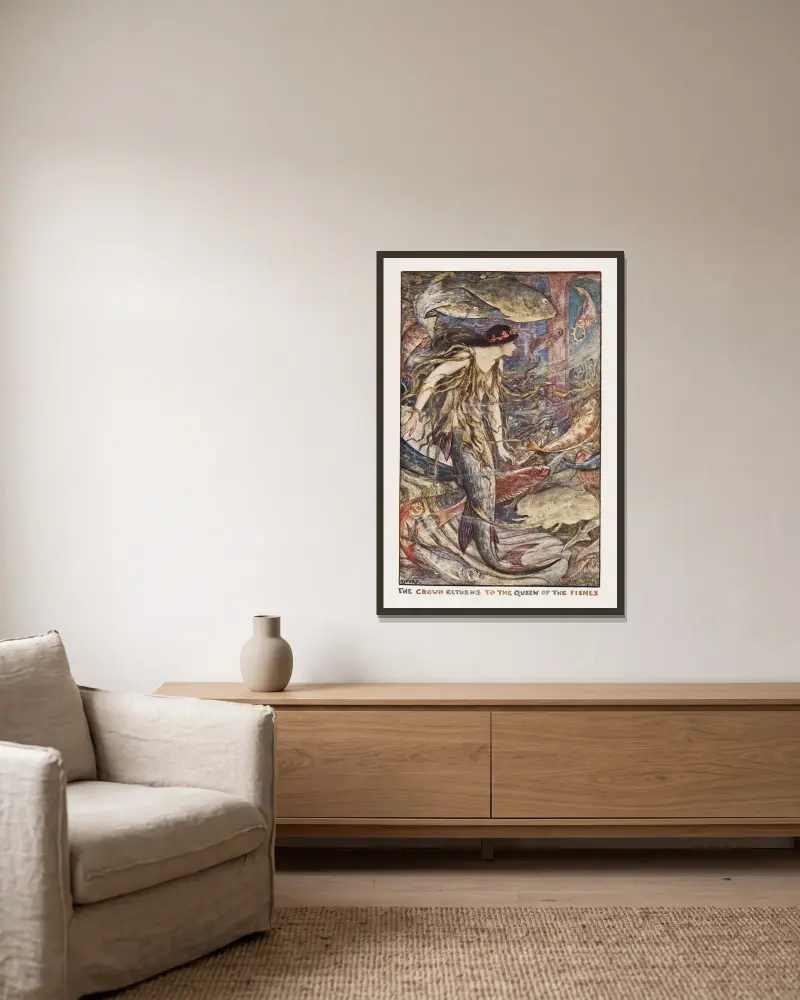 Die Krone kehrt zur Königin der Fische zurück von Henry Justice Ford gerahmt an einer Wand