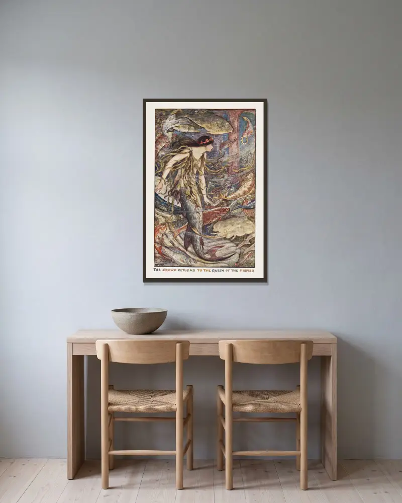 Die Krone kehrt zur Königin der Fische zurück von Henry Justice Ford gerahmt an einer Wand