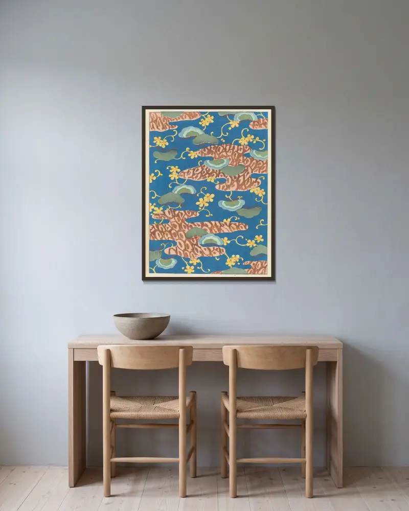 Shin-Bijutsukai Pl.508 av Furuya Kōrin inramad på en vägg