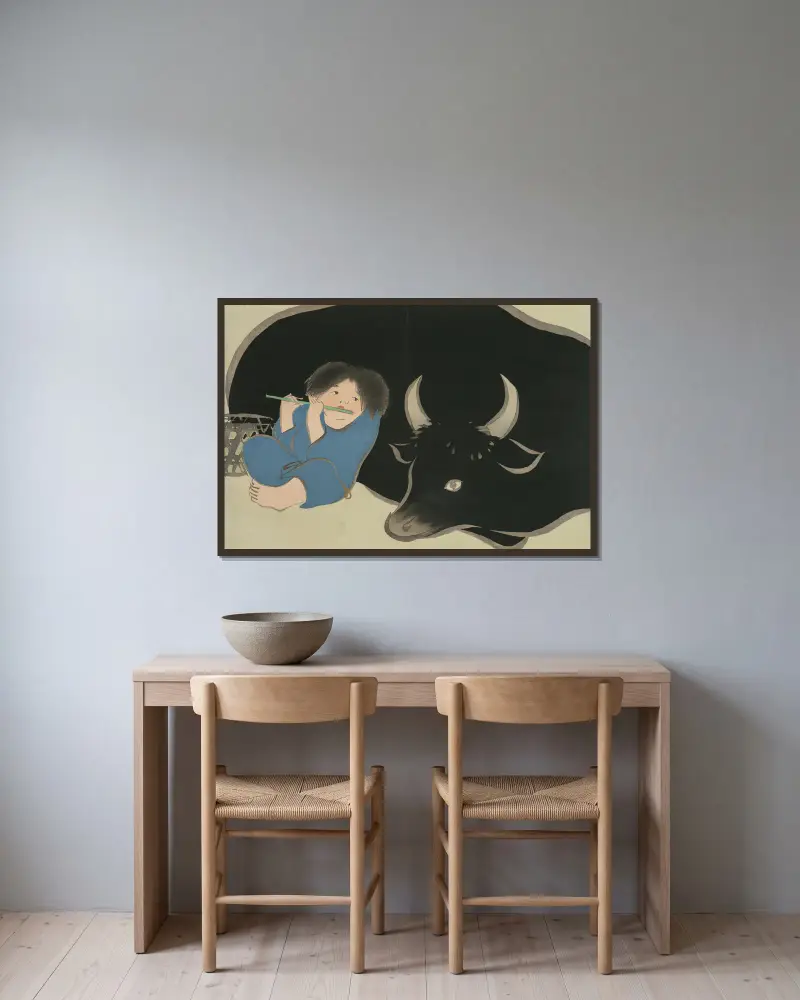 Oxherd (Bokudo) av Kamisaka Sekka inramad på en vägg