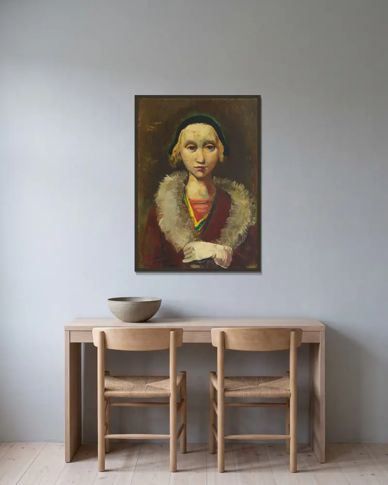 Bröstbild av flicka med pälskrage och hatt av Karl Hofer inramad på en vägg