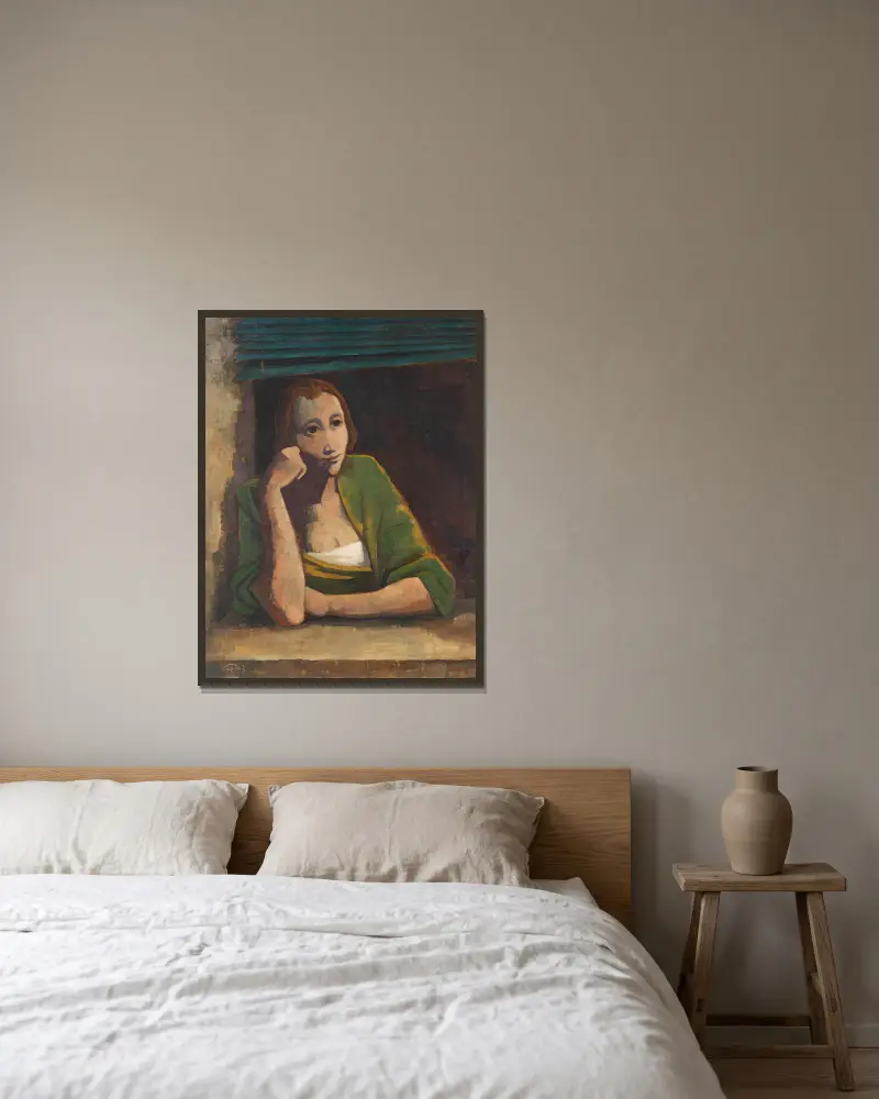 Mädchen am Fenster von Karl Hofer gerahmt an einer Wand