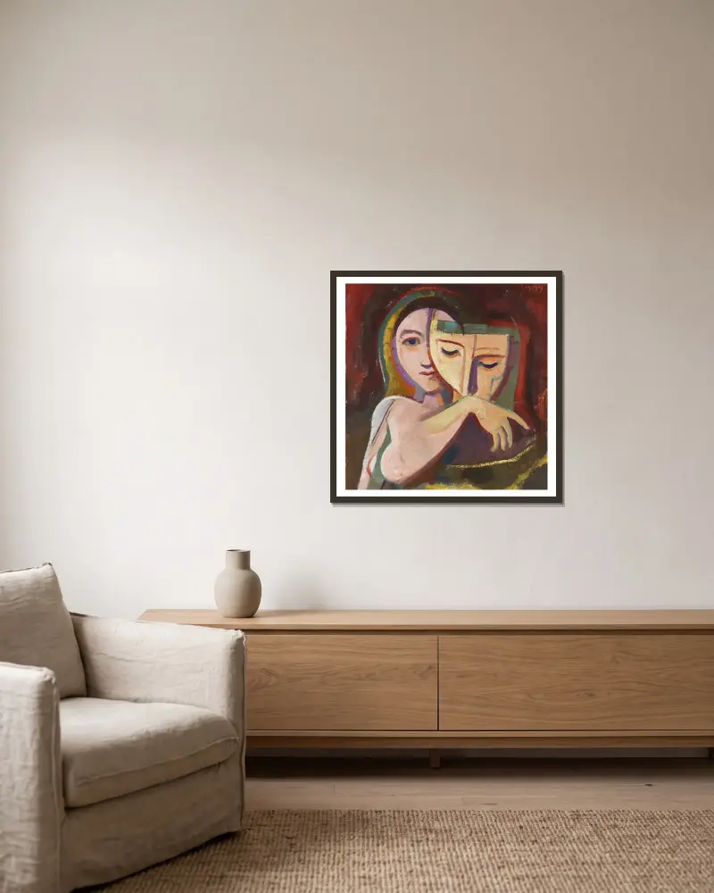 Mädchen mit Maske von Karl Hofer gerahmt an einer Wand