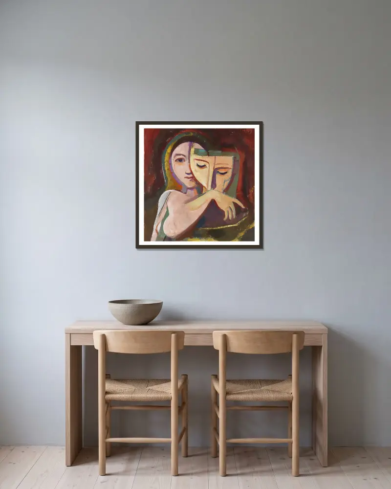 Mädchen mit Maske von Karl Hofer gerahmt an einer Wand