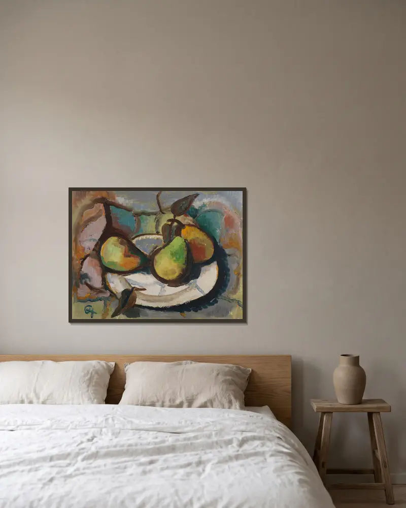 Pears on a porcelain plate av Karl Hofer inramad på en vägg