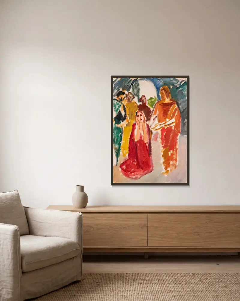 Christus und die Ehebrecherin von Karl Isakson gerahmt an einer Wand