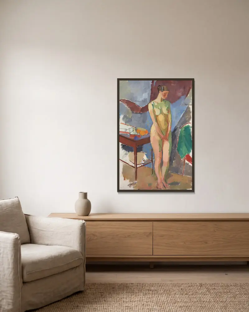 Stehende weibliche Aktfigur von Karl Isakson gerahmt an einer Wand