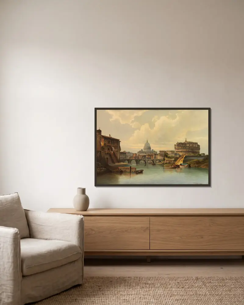 Vy över Rom med Peterskyrkan och Castel Sant'Angelo av Karl Kaufmann inramad på en vägg