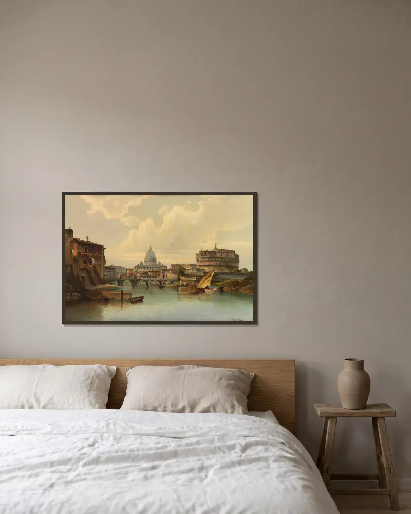 Vy över Rom med Peterskyrkan och Castel Sant'Angelo av Karl Kaufmann inramad på en vägg