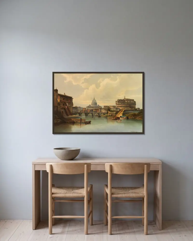 Vy över Rom med Peterskyrkan och Castel Sant'Angelo av Karl Kaufmann inramad på en vägg