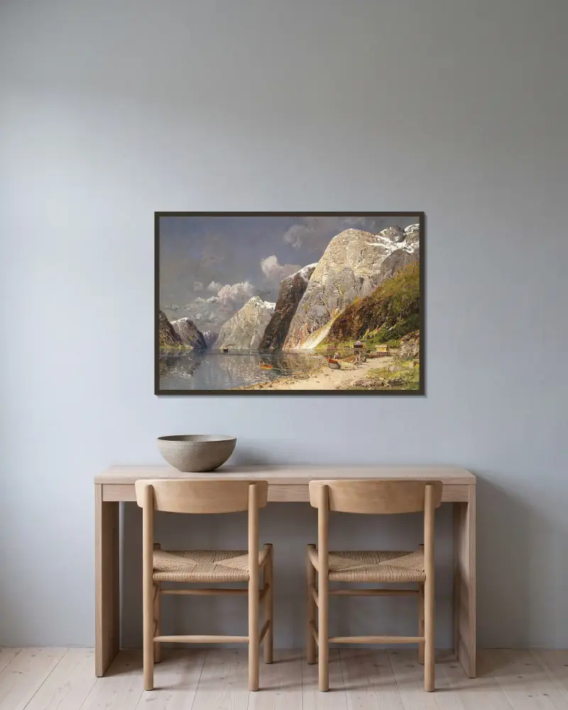 Grosse Fjordlandschaft av Karl Kaufmann inramad på en vägg