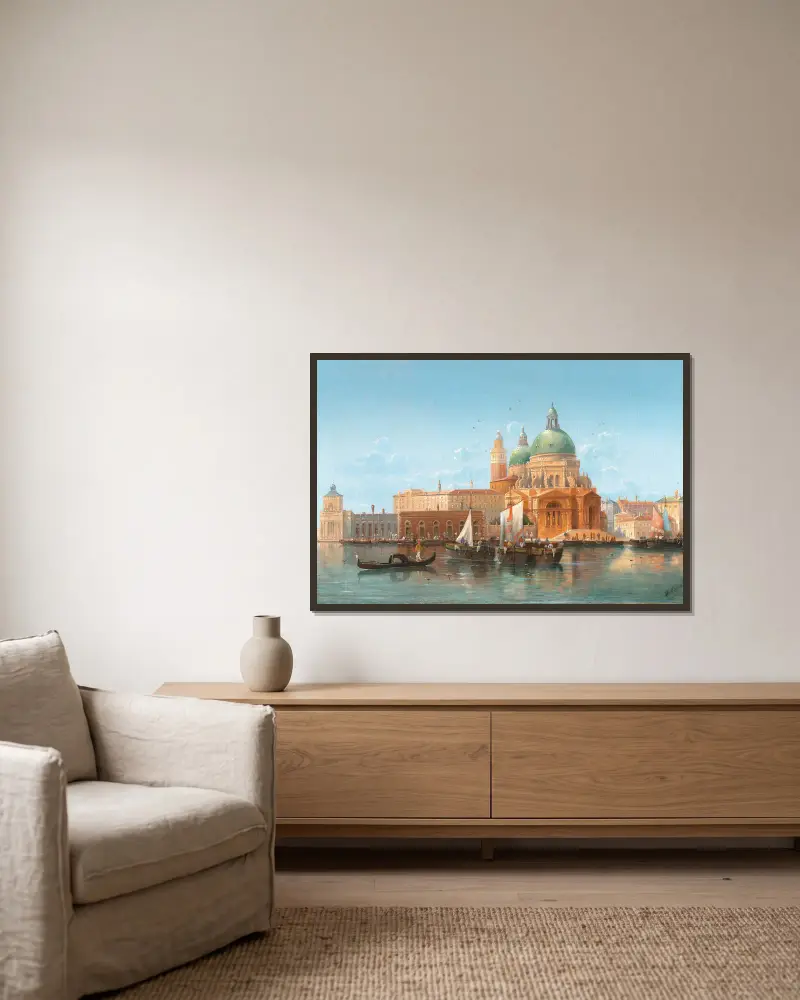 Venedig, vy mot Punta della Dogana av Karl Kaufmann inramad på en vägg