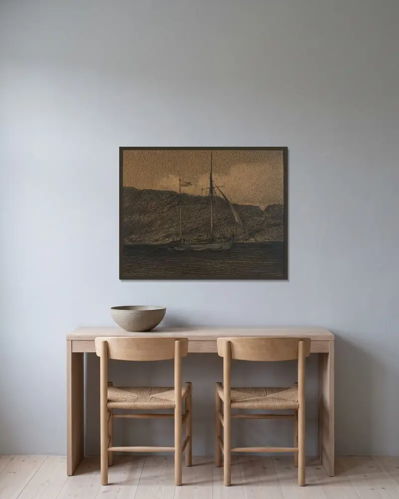 Fiskebåt av Karl Nordström inramad på en vägg