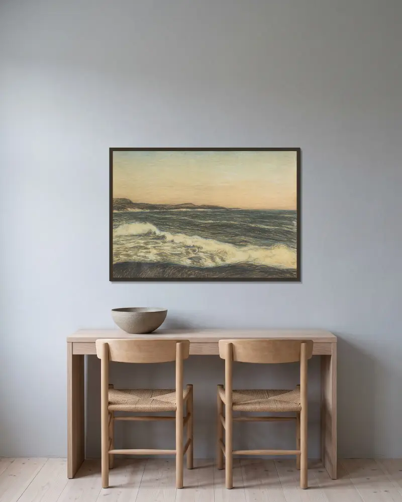 Havsstrand och dyningar av Karl Nordström inramad på en vägg