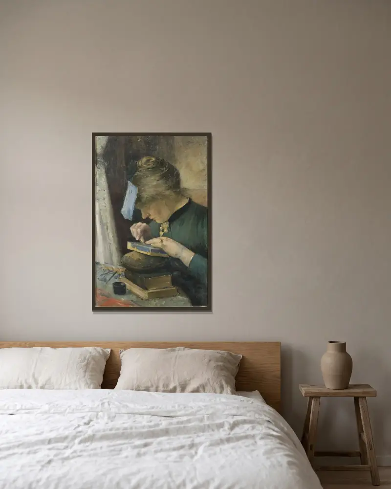 Konstnärens fästmö (Tekla Lindeström) av Karl Nordström inramad på en vägg