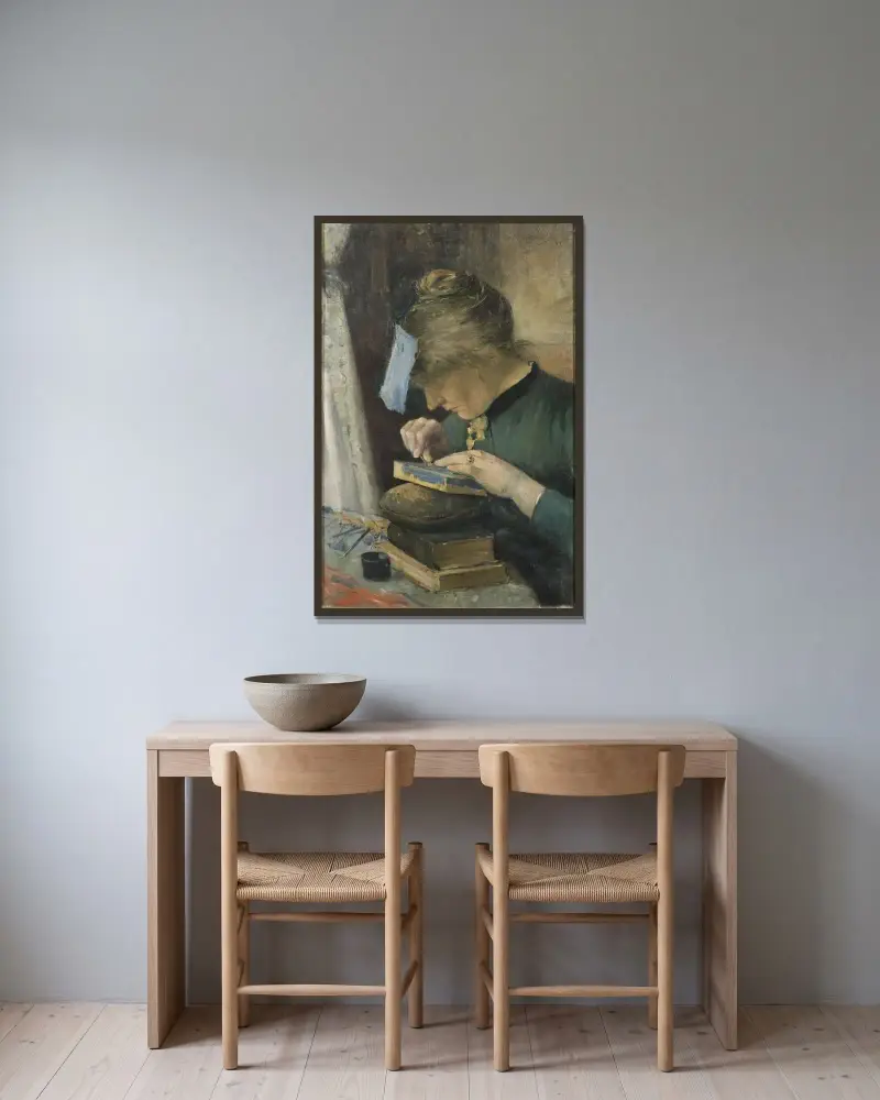 Konstnärens fästmö (Tekla Lindeström) av Karl Nordström inramad på en vägg