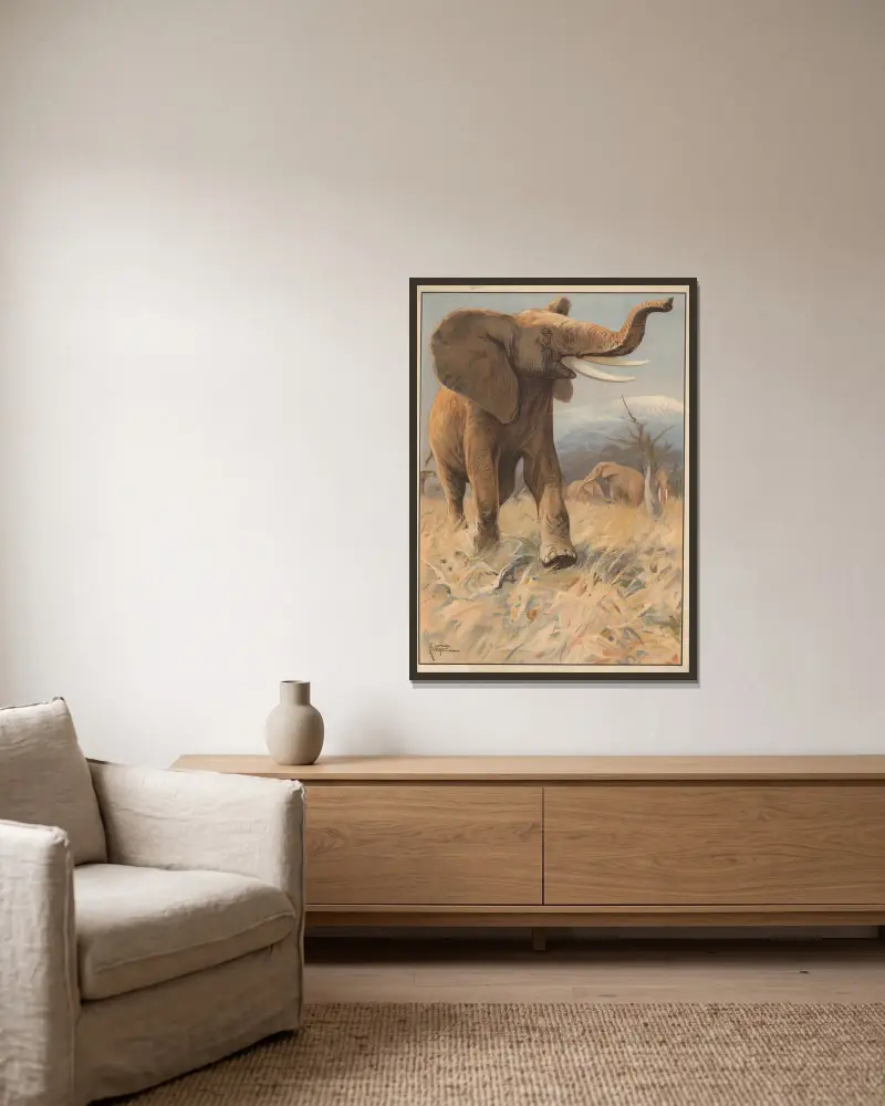 Elefant av Karl Wagner inramad på en vägg