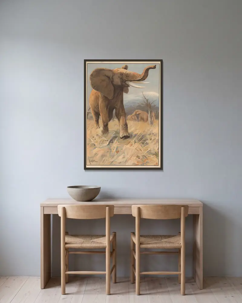 Elefant av Karl Wagner inramad på en vägg
