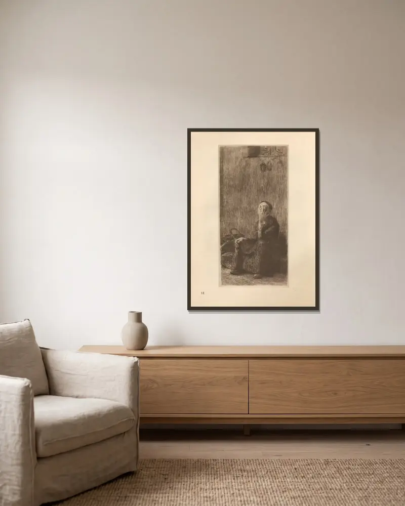 An der Kirchenmauer, 1925 von Käthe Kollwitz gerahmt an einer Wand
