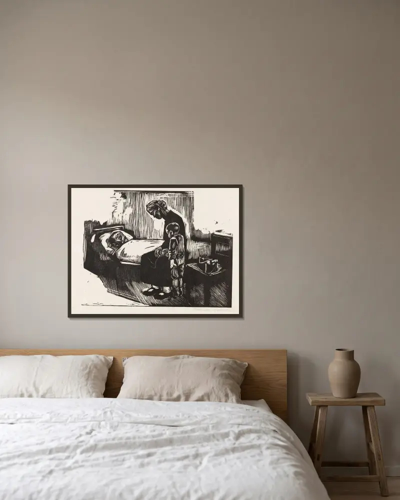 Besök på sjukhuset av Käthe Kollwitz inramad på en vägg