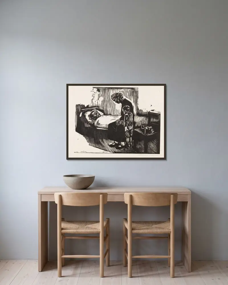 Besök på sjukhuset av Käthe Kollwitz inramad på en vägg