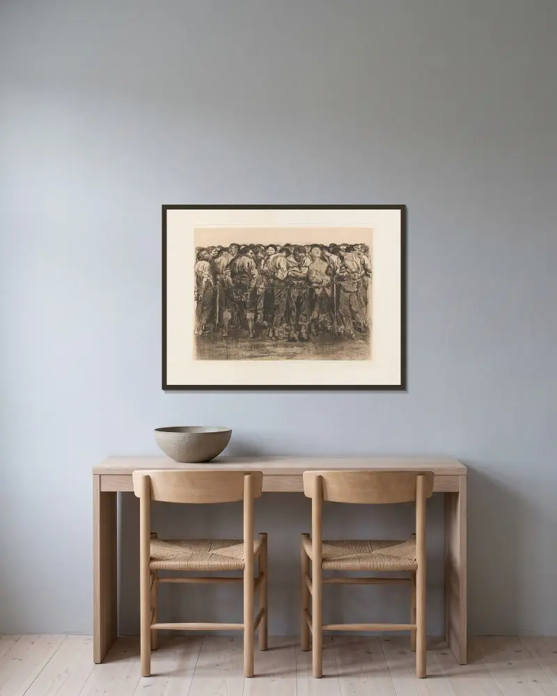 Die Gefangenen av Käthe Kollwitz inramad på en vägg