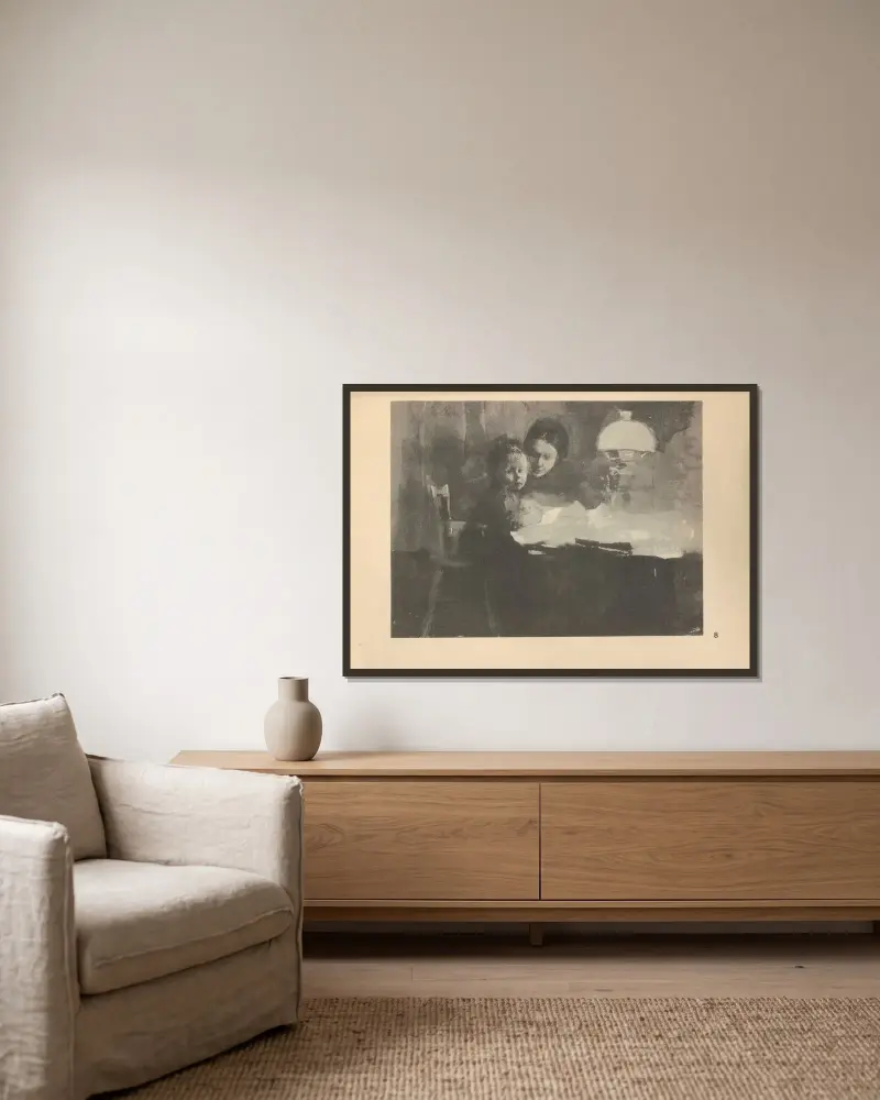 Die Künstlerin mit ihrem Sohn von Käthe Kollwitz gerahmt an einer Wand