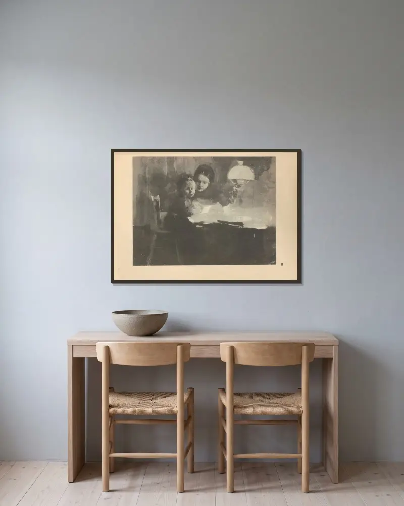 Die Künstlerin mit ihrem Sohn von Käthe Kollwitz gerahmt an einer Wand