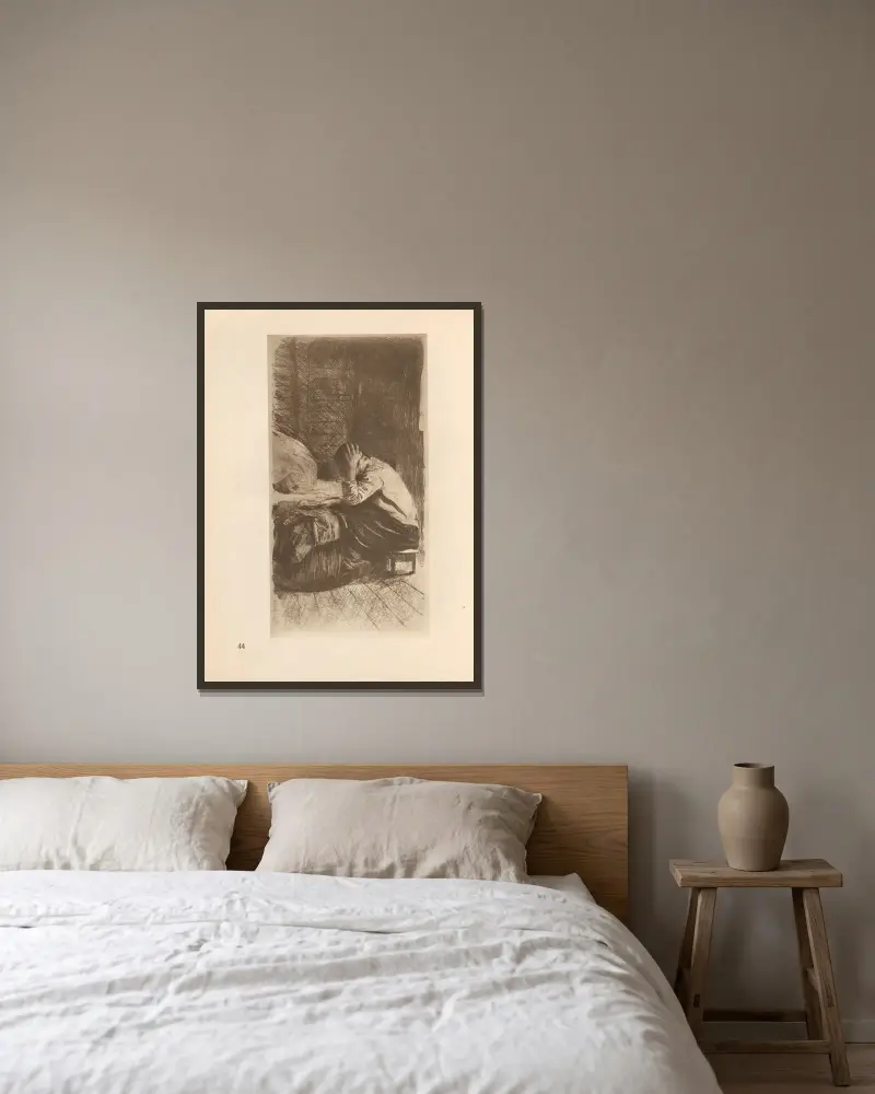 Frau an Wiege, 1925 – nr 1 av Käthe Kollwitz inramad på en vägg