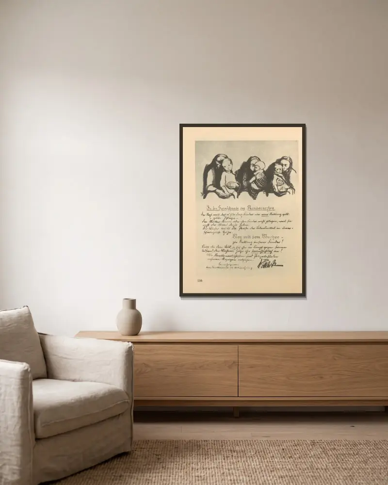 Kvinnor och barn, 1925 – nr 15 av Käthe Kollwitz inramad på en vägg