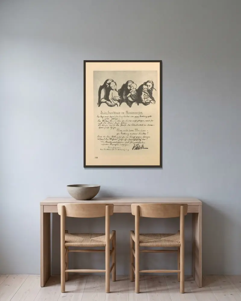 Kvinnor och barn, 1925 – nr 15 av Käthe Kollwitz inramad på en vägg
