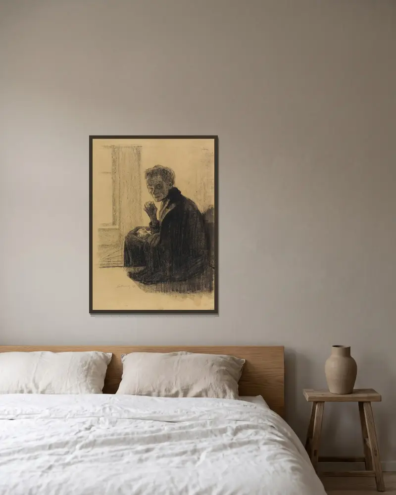 Frukost på trappan av Käthe Kollwitz inramad på en vägg