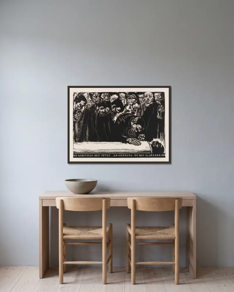 Minnesblad för Karl Liebknecht av Käthe Kollwitz inramad på en vägg