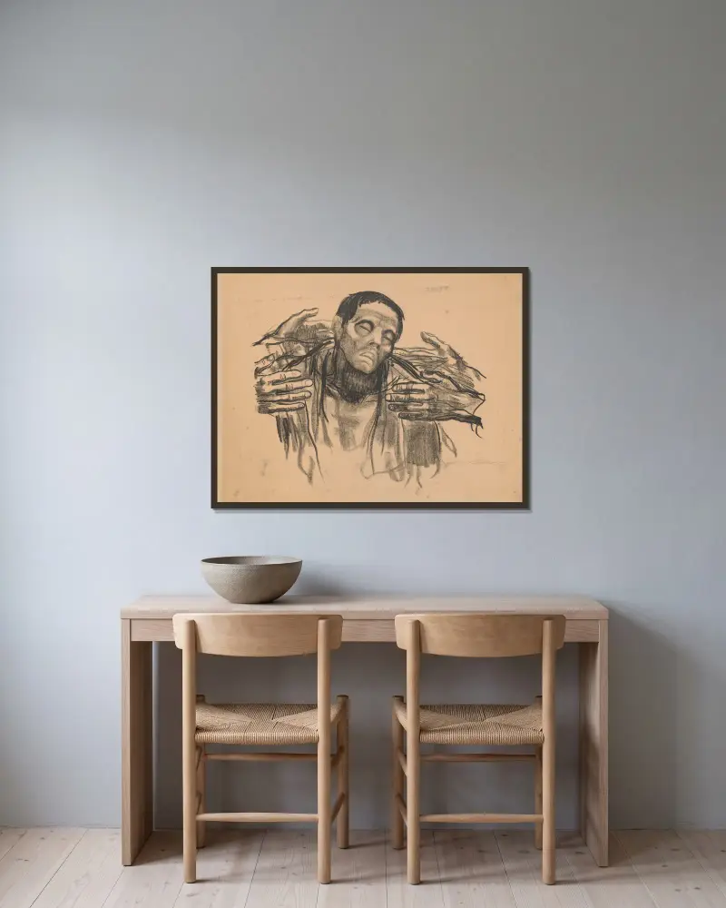 Helft Russland! av Käthe Kollwitz inramad på en vägg