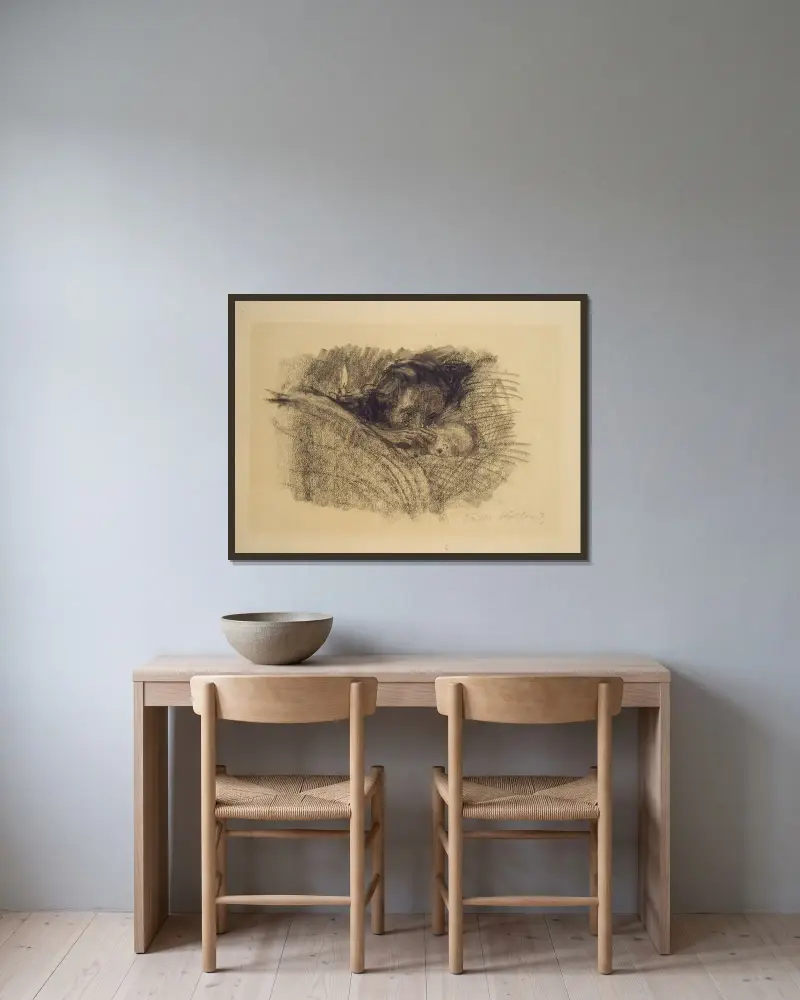 Mutter am Bett des toten Kindes von Käthe Kollwitz gerahmt an einer Wand