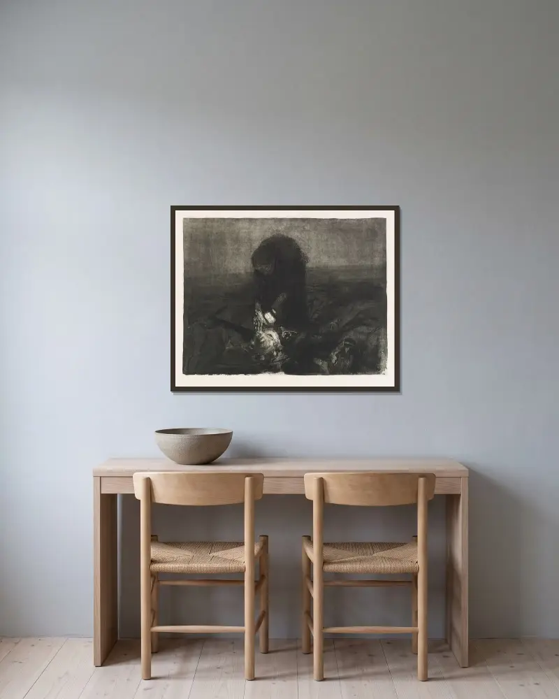 Schlachtfeld av Käthe Kollwitz inramad på en vägg